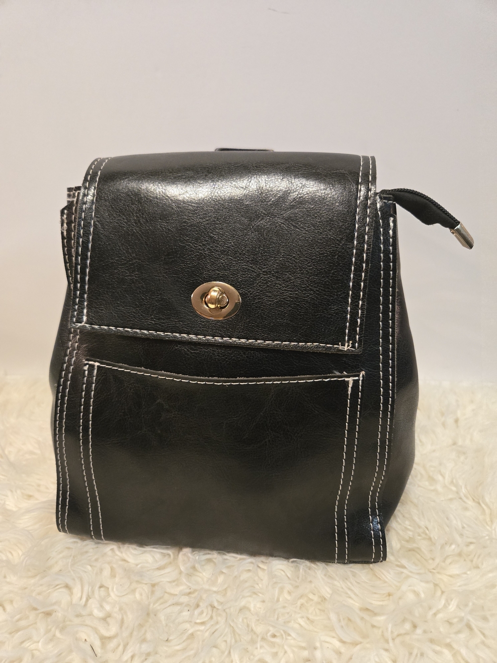 VEGAN Black Leather Crossbody Bag with Contrast Stitching